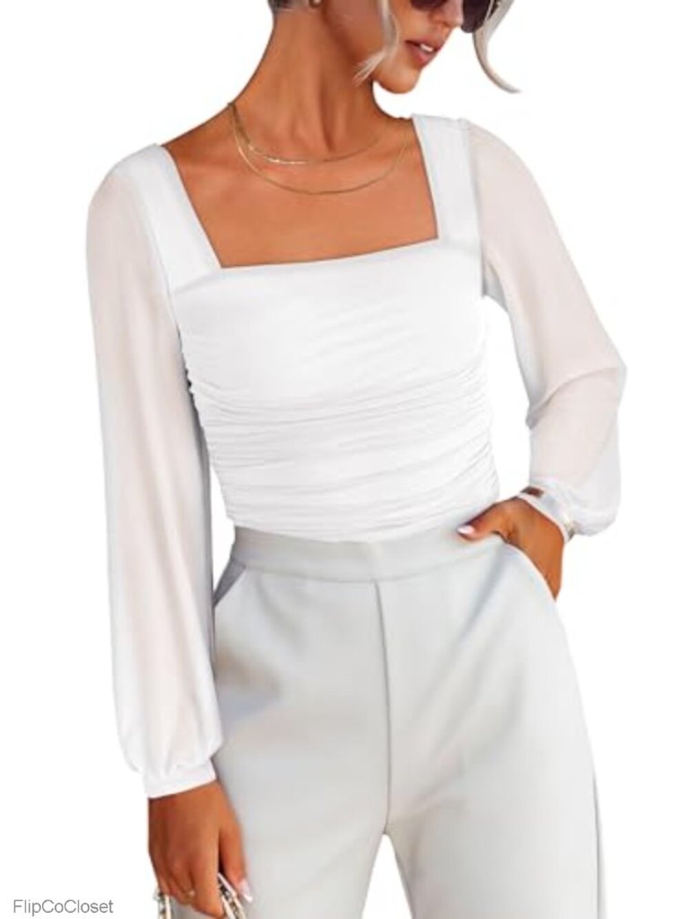 Mesh Long Sleeve Slim Fit Square Neck Puff Sleeve Top